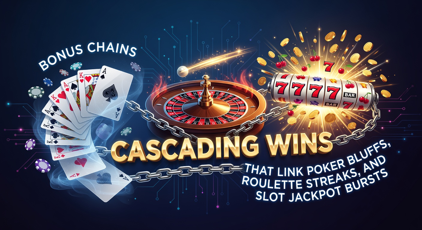 Grafik einer kaskadierenden Slot-Win-Kette mit explodierenden Symbolen, die zu Poker-Bluffs und Roulette-Streaks überleiten