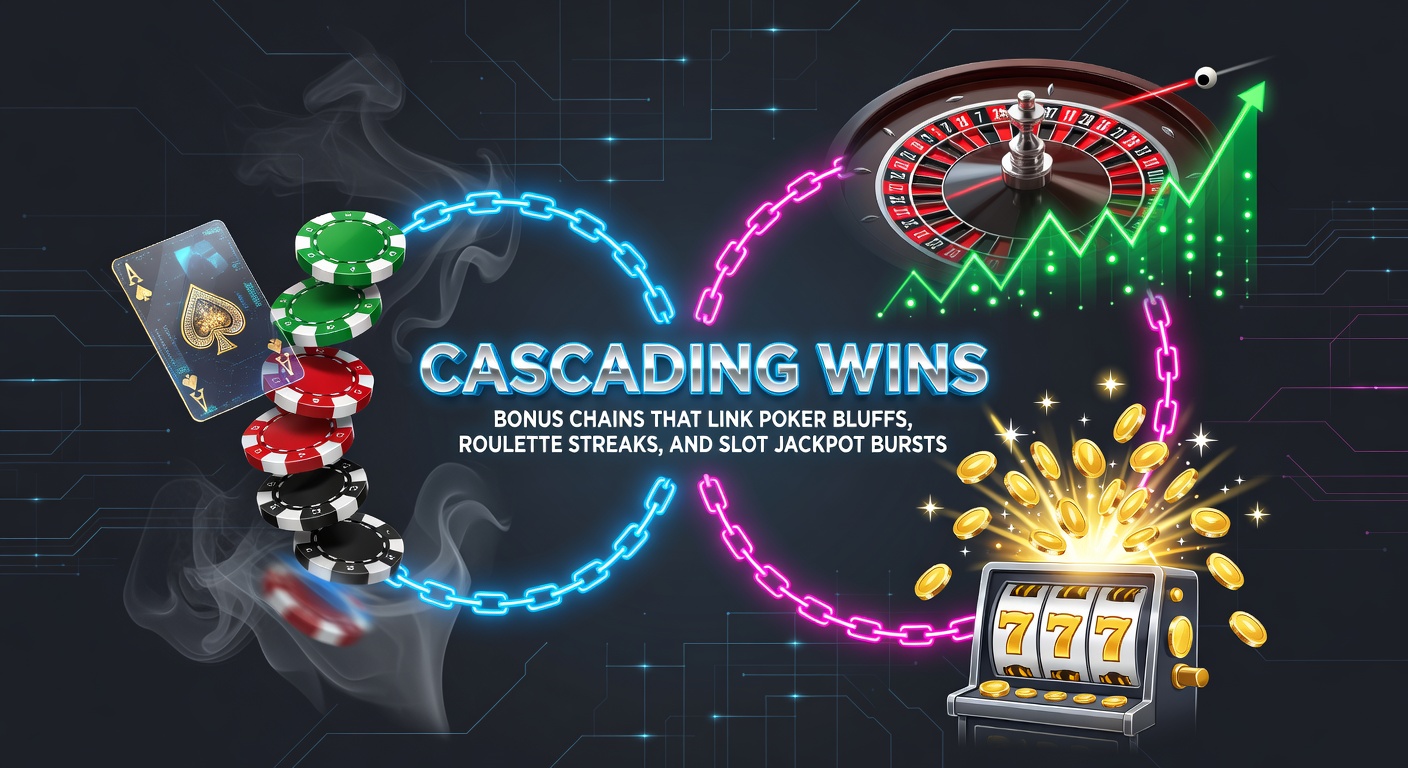 Dynamische Darstellung einer Bonus-Kette, die von einem Slot-Jackpot über Roulette-Streaks zu einem Poker-Bluff führt