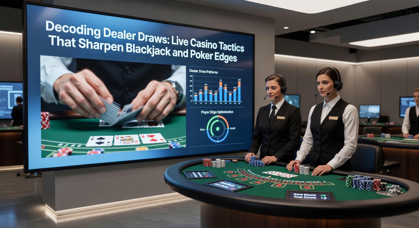Nahaufnahme eines Poker-Tisches im Live-Casino mit Dealer, der Karten austeilt, und Spielern, die Muster analysieren