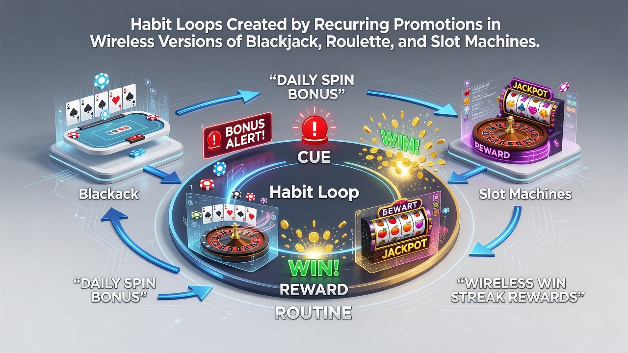 Darstellung von Habit-Loop-Diagrammen überlagert mit mobilen Spieloberflächen für Roulette und Slots