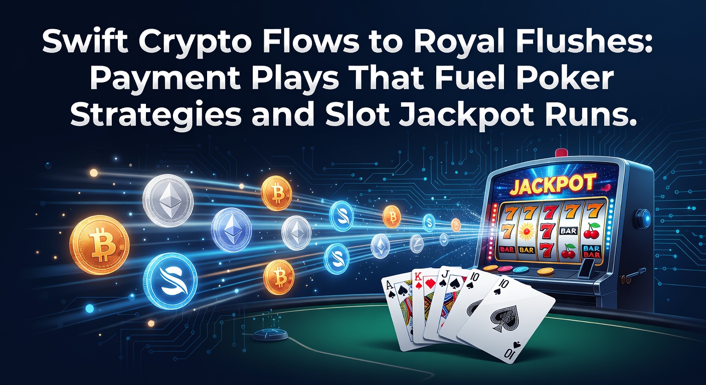 Dynamische Grafik, die schnelle Krypto-Transaktionen in Online-Casinos mit Poker-Chips und Slot-Symbolen verbindet, um den Fluss von Zahlungen zu Jackpots darzustellen