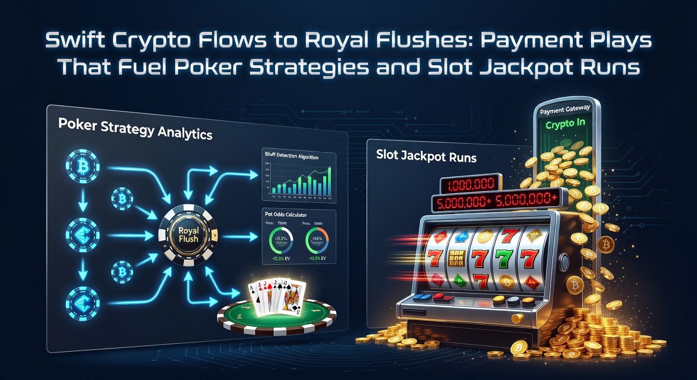 Visuelle Darstellung eines Slot-Jackpots, der durch Krypto-Transaktionen explodiert, mit Poker-Elementen im Hintergrund und Zeitmessern für ultraschnelle Zahlungen